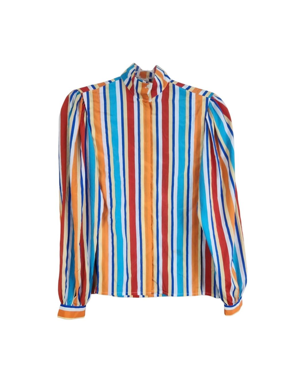 70s Vintage Multi-color Vertical Striped Blouse Small Puff Sleeve Silksational